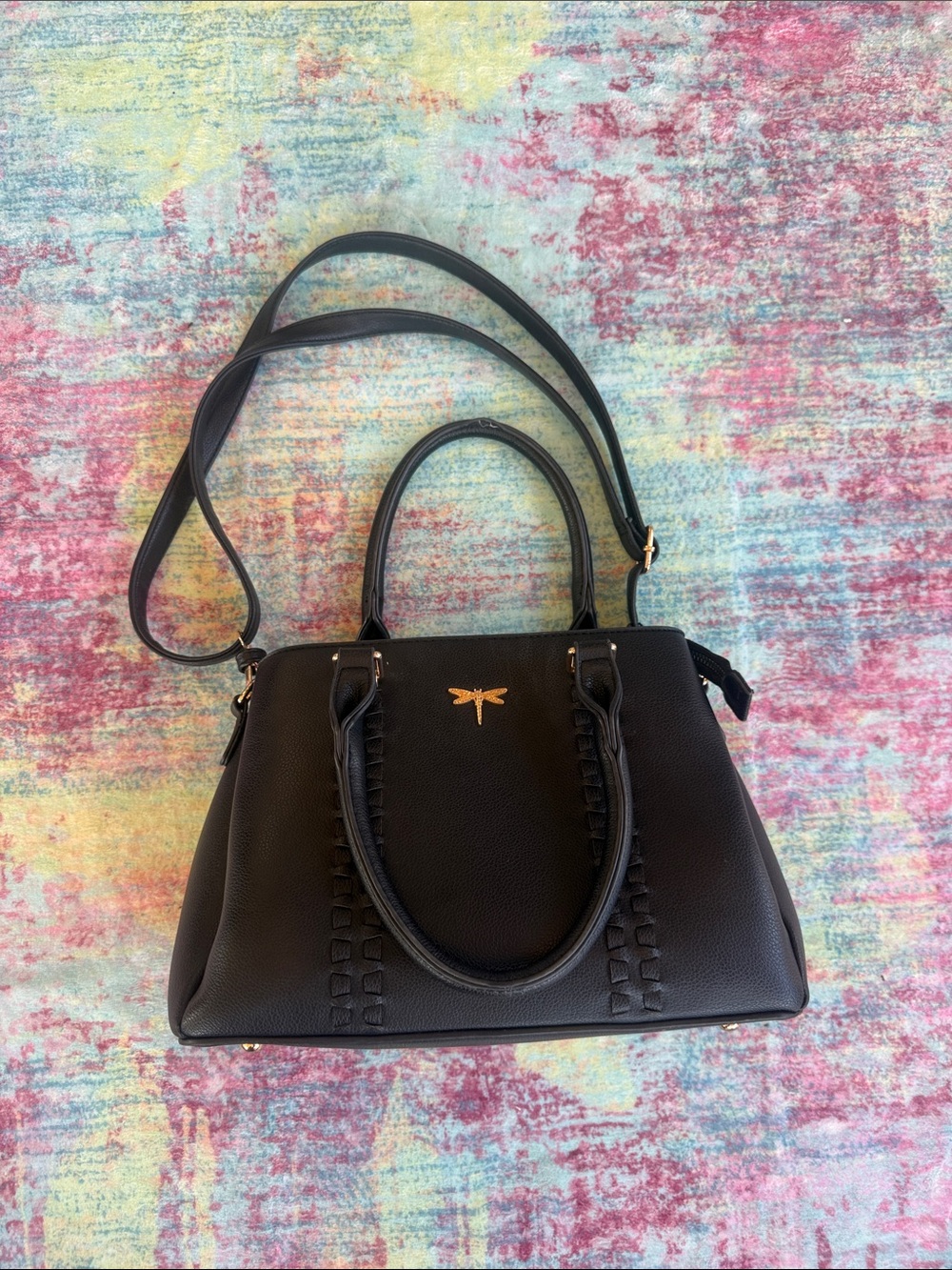 Black Women's Satchel with Gold Dragonfly Accent